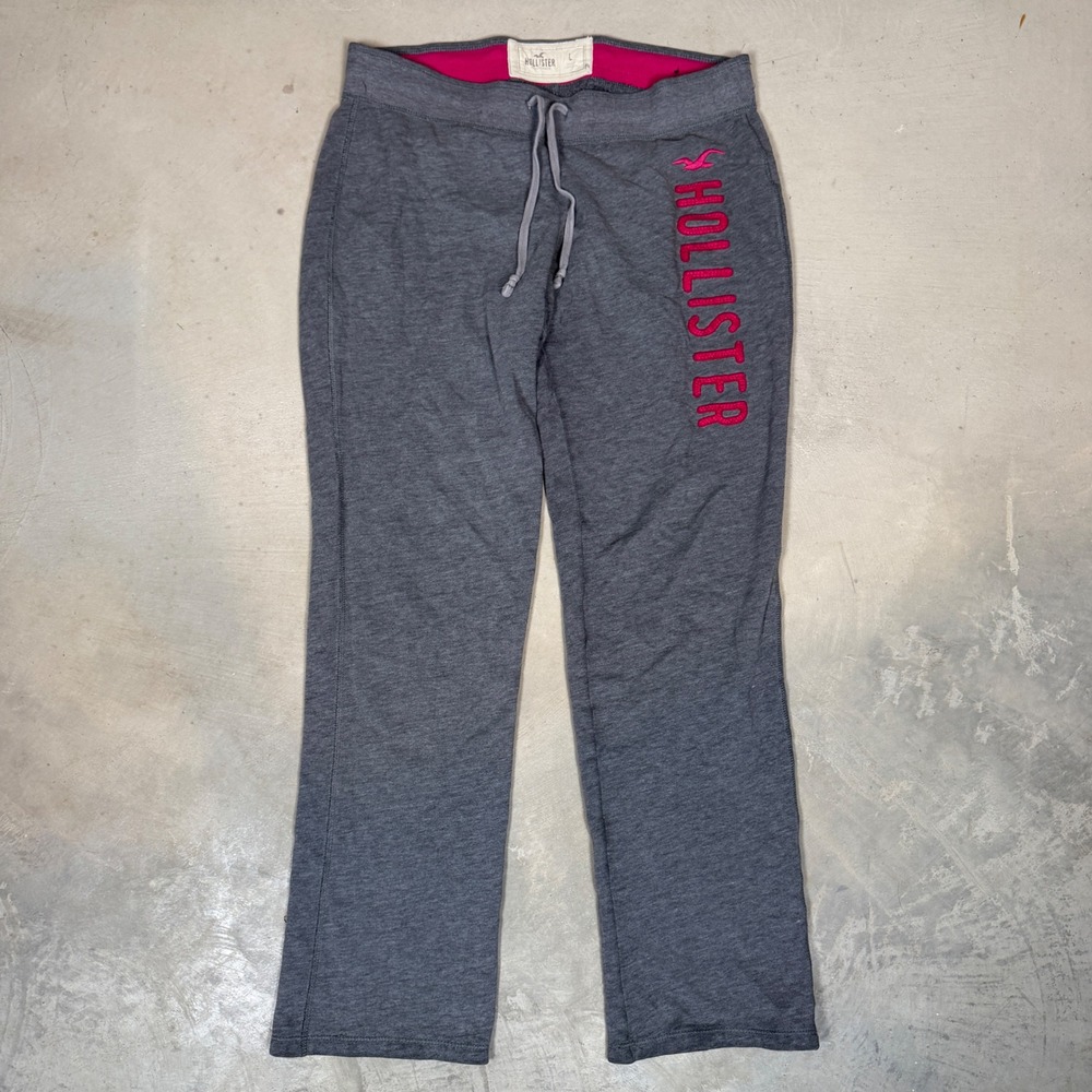 Hollister Womens Gray Heather Pink Logo Sweatpants Straight Leg Size L Y2K
